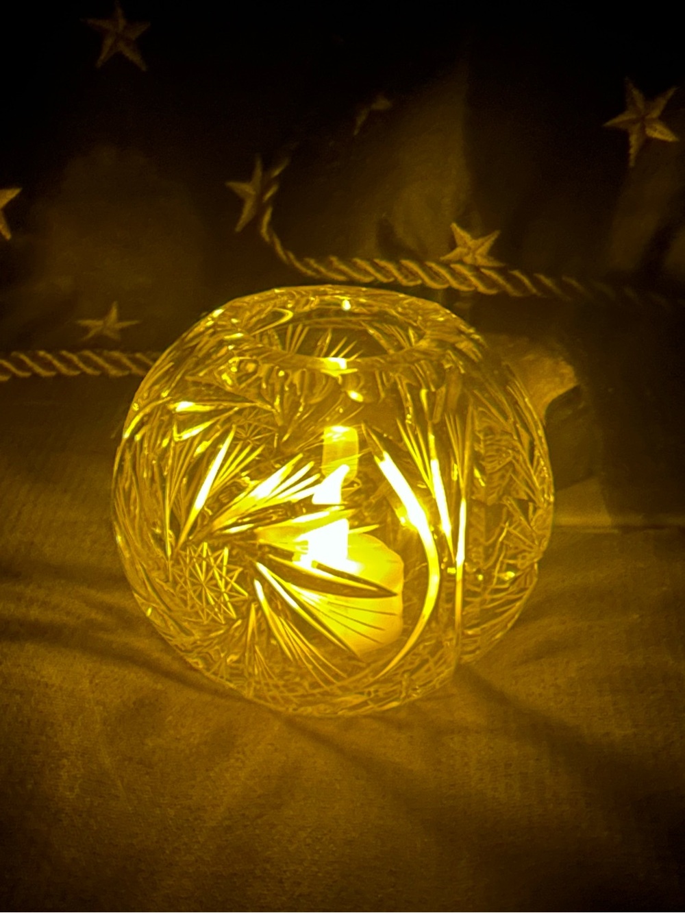 VTG Lead Cut Crystal Rose Bowl Candle Holder Hobstar Pattern Fairy Glow Decor